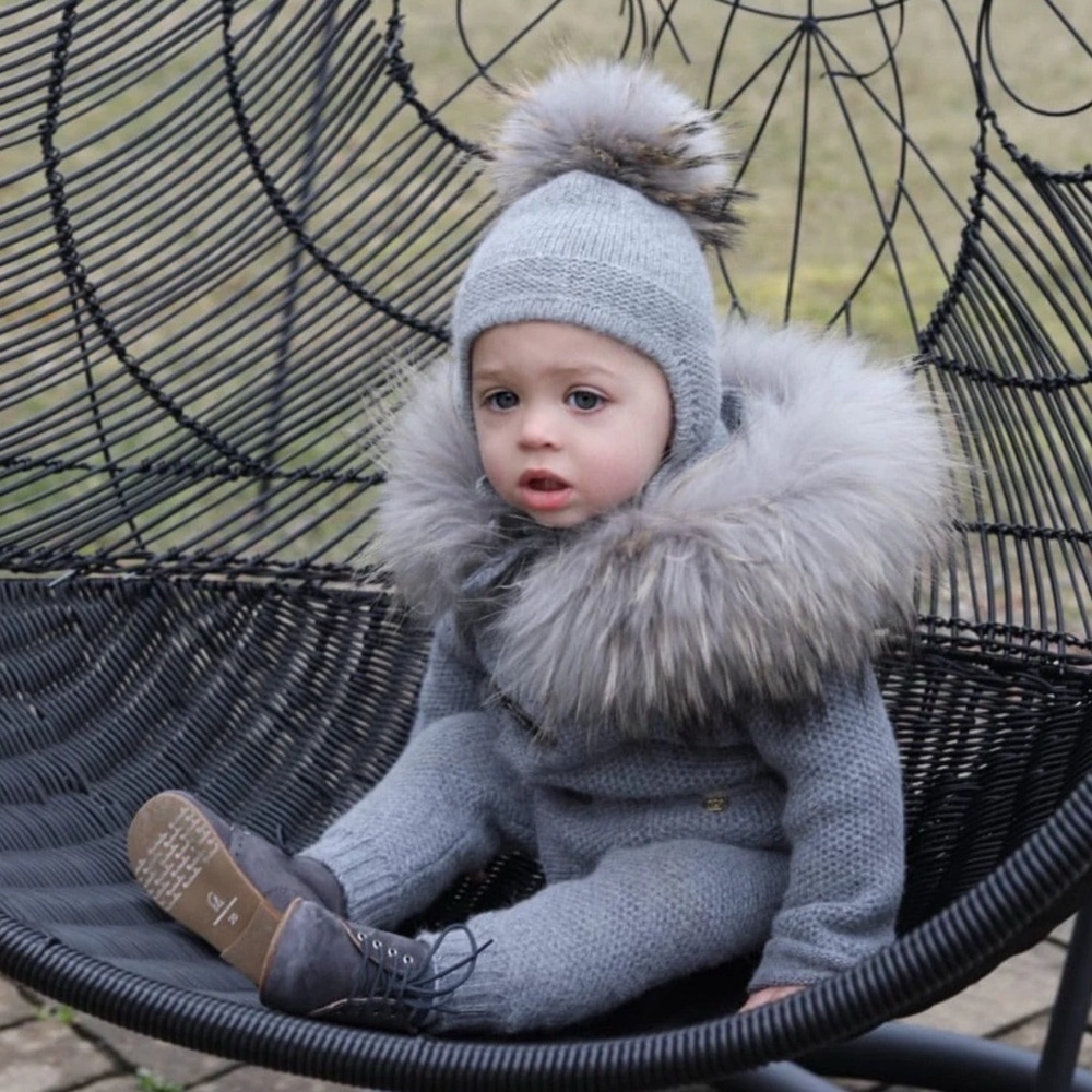 Honeycomb Grey Cashmere Pram Coat with Pom Pants and Beanie